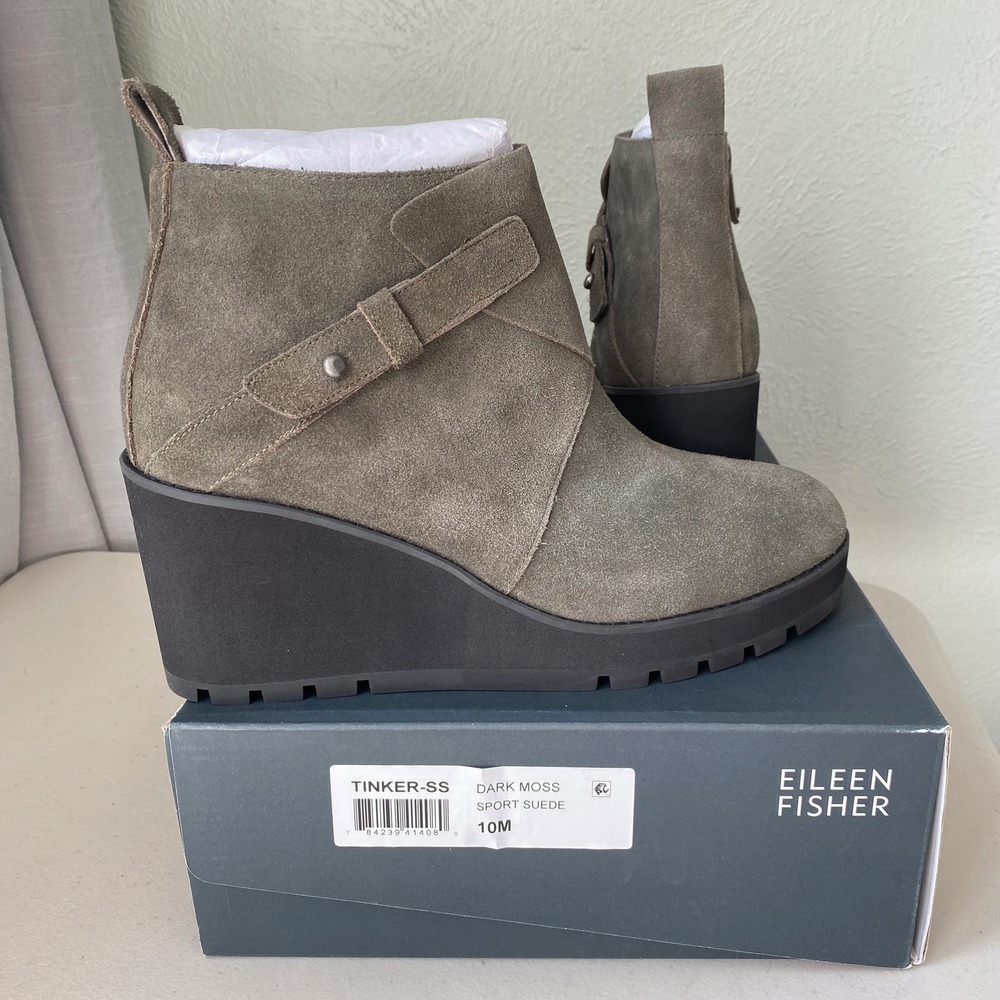 New in Box Eileen Fisher Tinker Wedge Bootie Dark Moss Green, Women's Size 10